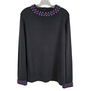 Worth New York 100% Wool Beaded Sweater Large Black Blue Red Floral Neck Cuff L